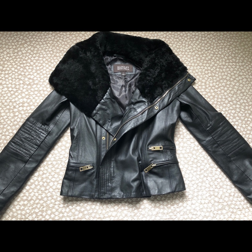 Badgley Mischka Leather Moto Jacket Fur SM